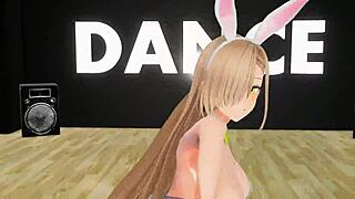 3D cartoon of blonde bunny girl undressing and dancing