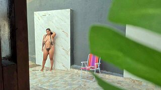 caught hot neighbor showering in backyard after beach