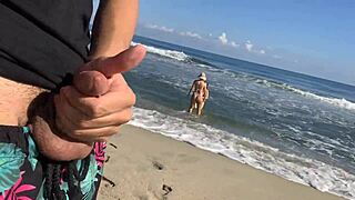 Guy Touches Himself on Public Beach, Sexy Brunettes Help Finish