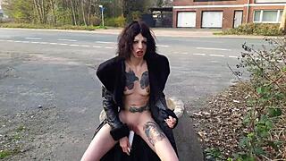 whore pisses and toys herself on public street