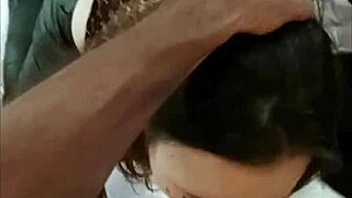 french amateur in black leather pants and multi-colored thong performs in pov style