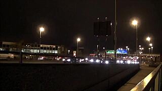 Blonde british babe flashes her tits at night downtown, showing off her european charm and babe allure