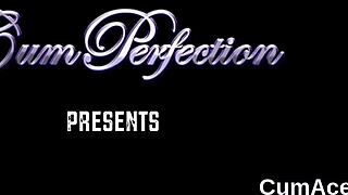 Nasty stunner sucks jizz in blowbang facial