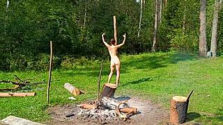 hot brunette doggystyle anal in the woods, bent over for close up cumshot