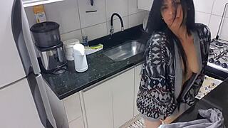 Latina babe gets sensual with kitchen masturbation fun