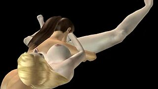 3D lesbian girls lick pussy and strap-on fuck standing