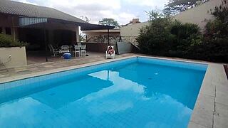 Athletic Tattooed MILF's Passionate Pool Oral Leading to Cum Bath