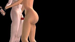 3D lesbian girls lick pussy and strap-on fuck standing