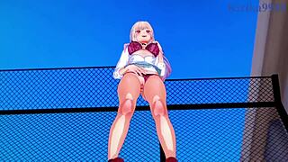 Marin Kitagawa and Shinju Inui with the old man in a cartoon scene.