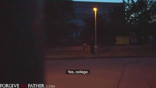 Brunette student gets slammed doggystyle in a car with a messy facial finish.