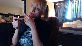 hey, watch sandi smoking those brown cork cigarettes while squirting?