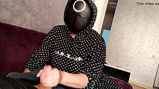 After the Squid Game, I jerked off a member until he exploded on my big tits.