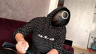 After the Squid Game, I jerked off a member until he exploded on my big tits.