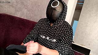 After the Squid Game, I jerked off a member until he exploded on my big tits.