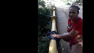 Flor Maria's horny outdoor exhibitionism shows natural tits big ass and wet pussy to strangers