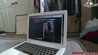 A skinny slut in fishnet stockings performs sex on webcam