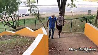 Caught masturbating in public, forced to suck huge cocks of young studs