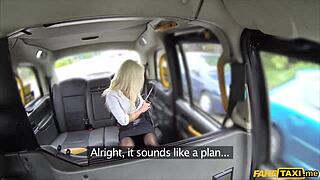 Busty blonde estate agent gives blowjob and gets fucked in a cab.