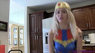 Beautiful tattooed teen teases in costume for trick or treat!