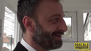 this busty blonde milf sub really knows how to suck that big cock deep