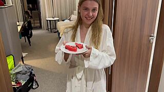 Holy crap, this delivery man with a huge dick pounds a juicy porn actress and cums inside her!