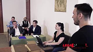 Sexy lawyer Helena Valentine gets double penetrated at court with babe Aisha