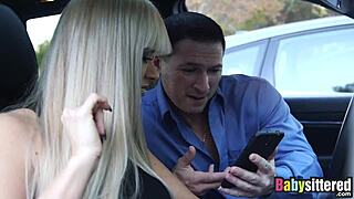 busty babysitter rides dick in threesome, tasting cum afterward.