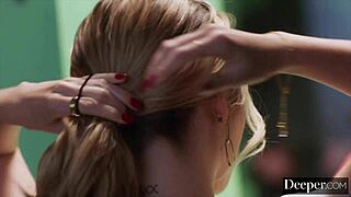 Angie Faith, the stacked blonde good-girl-gone-bad, gets muff dived and fucked doggystyle with cum on her big tits