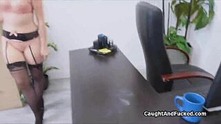 that lingerie teen is sucking cock after getting handcuffed in the office