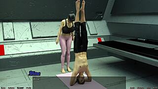 Stranded in space, the milf stretches with huge boobs.