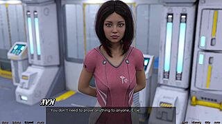 Stranded in space, the milf stretches with huge boobs.