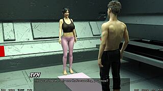 Stranded in space, the milf stretches with huge boobs.