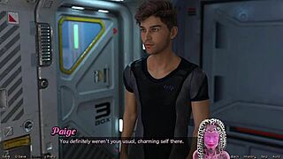 Stranded in space, the milf stretches with huge boobs.