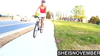 Wow, ebony babe MsNovember rides bike with tiny 18+ upskirt booty!