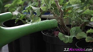 Blonde babe sucks huge cock with natural tits