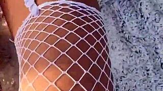 Passionate Blonde in Fishnets Takes Ass to Mouth in Woods Creampie - Mia Bandini