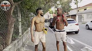 Gay couple enjoys outdoor sex in the country.