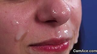 nasty looker gets cum shot on her face eating all the sperm