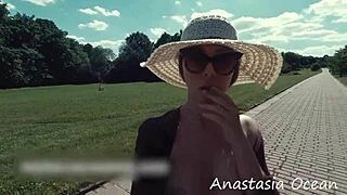 She walks through the park without underwear, flashing her pussy and tits to a stranger