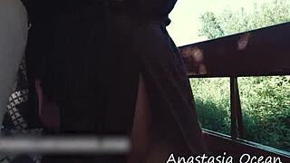 She walks through the park without underwear, flashing her pussy and tits to a stranger