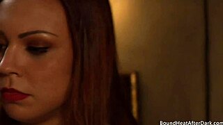 The dominant mistress asks 'Ready to be touched blonde slave?' as she fingers her bound body.