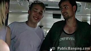 Petite couple engages in extreme public sex on a city bus while passengers watch