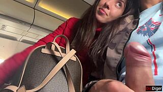 Brunette jerks off publicly on a crowded plane