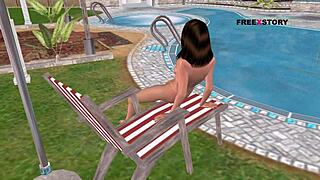 animated 3d cartoon of cute girl masturbating with bottle by swimming pool
