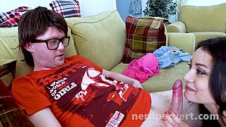 Valentina bianco, the nerd, gets spunk all over her face from blowjob and handjob