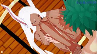 rumi usagiyama mirko with tsuyu asui and izuku midoriya in wild hentai sex