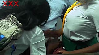 Lucky teacher with long dick feels ecstatic as two naughty college girls serve him hot sex in office to upgrade grades