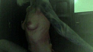 Blonde cam girl strips wildly at home in black stockings.