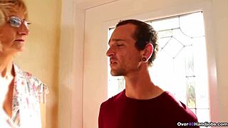 Older milf gives handjob to big tits