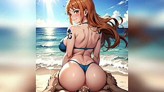 Malá teenagerka 18+ v 3d anime outfitu s velkými kozy a masivním ptákem.